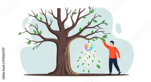 Man Harvesting Colorful Leaves From A Tree.