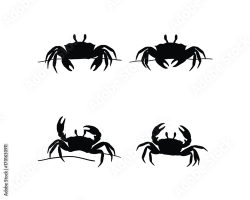 Four black silhouette illustrations of crabs on a white background showing different poses and angles