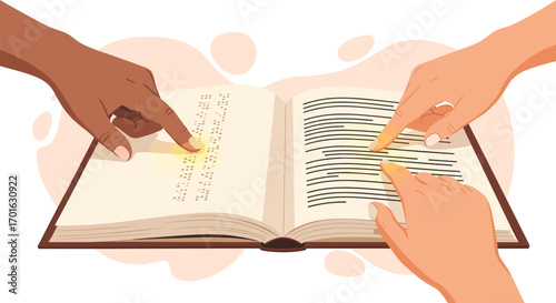 Three hands pointing to an open book showing education and learning concept.