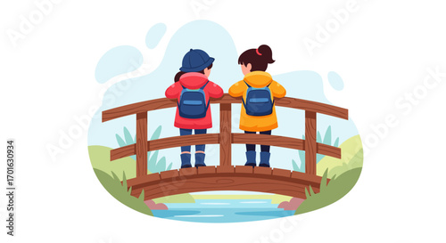 Two young girls wearing backpacks and jackets standing on a wooden bridge looking out at the scenery.