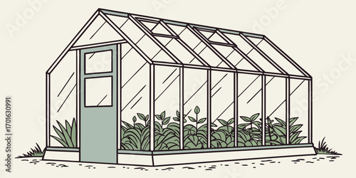 Detailed Illustration of a Greenhouse Structure Filled with Plants