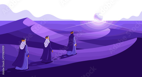 Three people walking in the desert towards the sun.