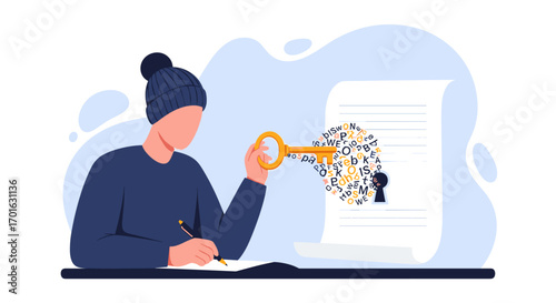 Person holding a key unlocking knowledge from a document.