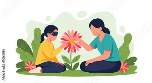 Mother and daughter exploring nature touching a flower.