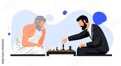 Ancient Philosopher and Modern Businessman Playing Chess Strategy.