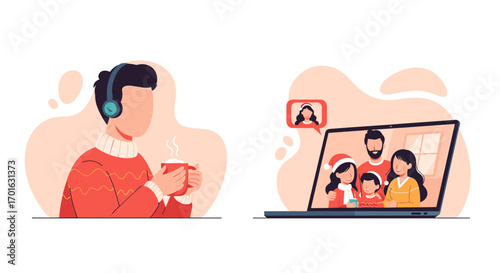 Man wearing headphones and holding a cup, and a family video call on a laptop.