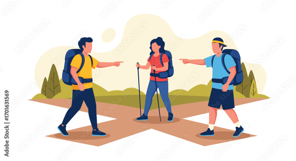 Obraz premium Three hikers at a crossroads pointing in different directions.