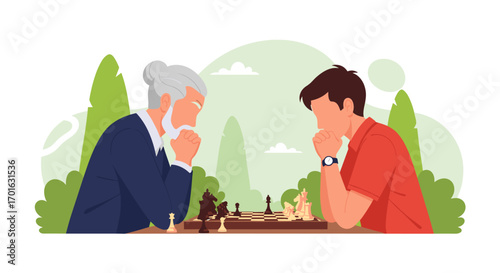 Grandfather and Grandson Playing Chess Outdoors.