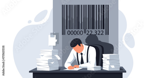 Man working at desk with barcode overhead symbolizing data and business.