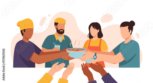 Diverse group of people sharing food in a community setting.