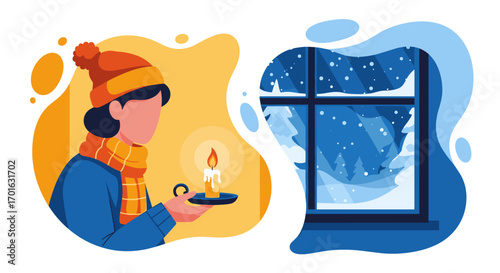 Person holding candle looking out winter window.