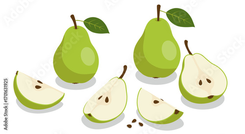 Fresh green pears with slices on white background in flat design