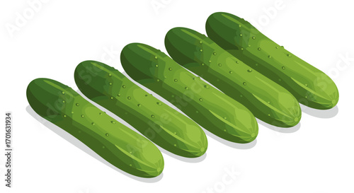 Five fresh green cucumbers in realistic 3d style on white background