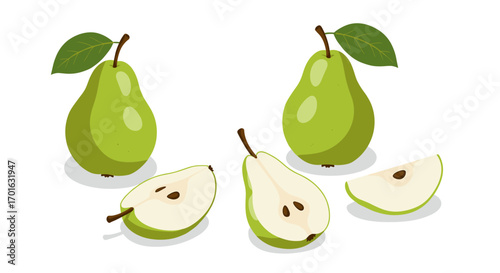 Fresh green pears with leaves on white background