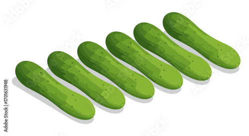 Isometric cucumber pattern with six fresh vegetables on white background