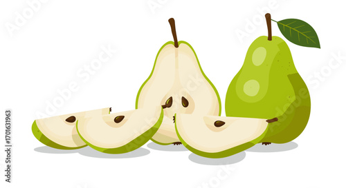Fresh green pears and slices with leaf on white background