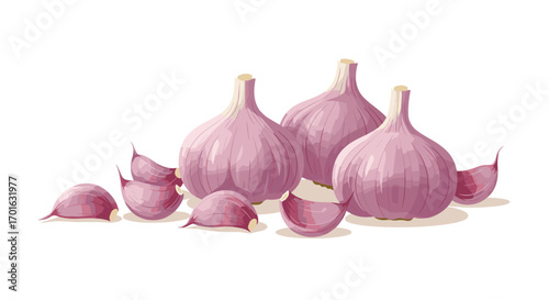 Three dimensional vibrant garlic bulbs and cloves on white background