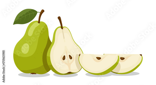 Fresh pears with green leaf and sliced halves on white background
