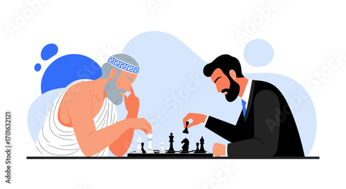 Ancient Philosopher and Businessman Playing Chess Strategy.