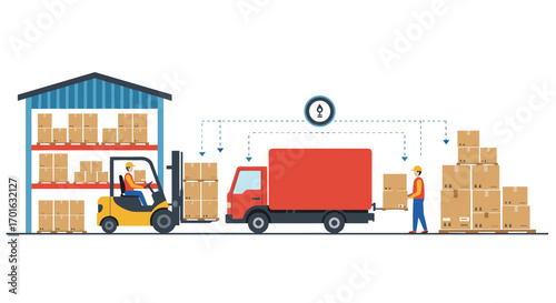 Warehouse logistics with forklift and delivery truck in flat design
