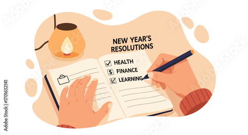New Years Resolutions List Writing with Candle Light.