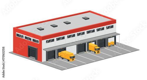 Modern isometric warehouse with loading trucks and red facade