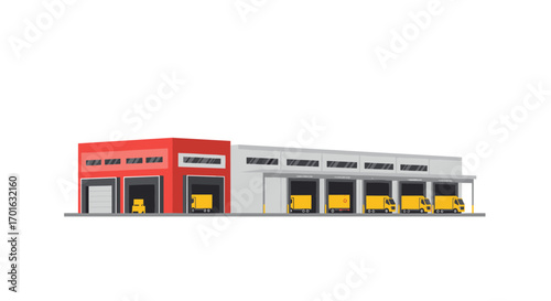 Modern warehouse with delivery trucks and loading bays in detailed 3d