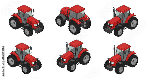 Set of red isometric tractors in various angles with detailed design