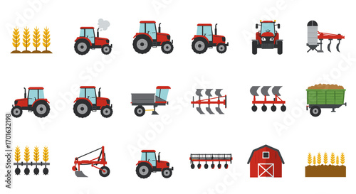 Farming equipment and red tractor icons set with barn and crops