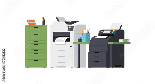 Modern office equipment: printers and storage cabinet in minimalist design