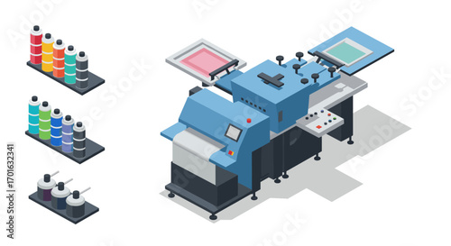 Modern isometric screen printing machine with colorful ink sets on white background