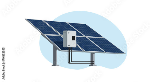 Solar panel system with inverter on white background