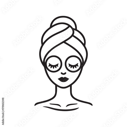Woman in towel wrap with eye patches, beauty and spa treatment line art icon. Skincare routine vector.
