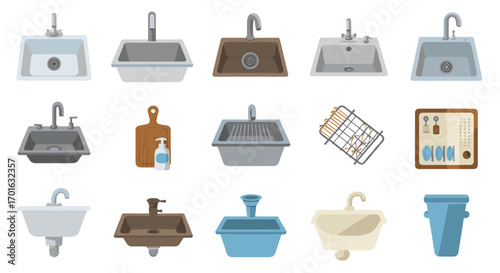 Collection of kitchen sinks and accessories in flat design