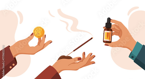 Hands Exchanging Money for Essential Oil and Incense.