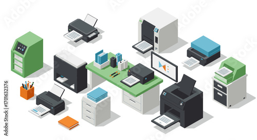 Modern office equipment with isometric printers and workstation accessories