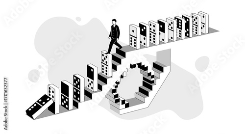 Man Walking Up Domino Staircase Concept.