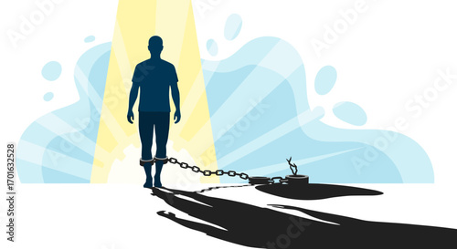 Silhouette of a person breaking free from chains into the light.