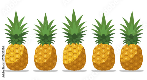 Five pineapple icons in a flat style with green leaves