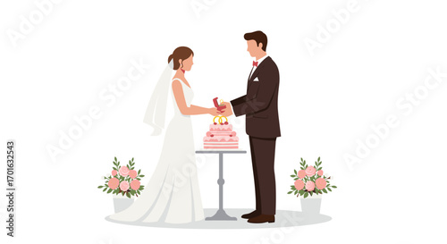 Elegant wedding celebration with bride and groom cutting cake in flat design