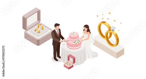 Isometric wedding scene with couple cutting cake and rings display