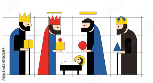 Three Wise Men Bringing Gifts to Baby Jesus Nativity Scene Illustration.