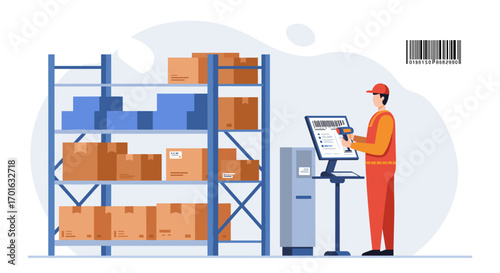 Warehouse inventory management with barcode scanner and storage racks