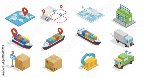 Isometric logistics and shipping icons: global delivery and transportation elements