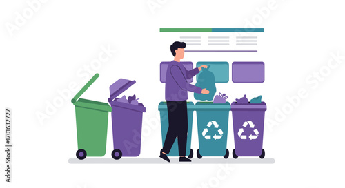Man sorting trash into recycling bins: eco-friendly waste management concept