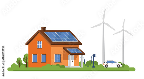 Eco-friendly home with solar panels and wind turbines