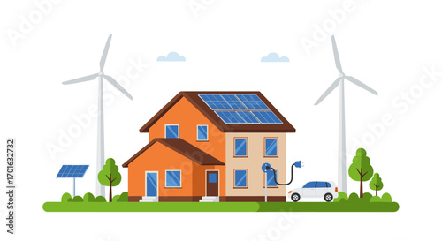 Eco-friendly home with solar panels and wind turbines in a sustainable environment