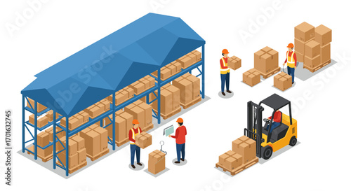 Warehouse operations with workers, forklift, and storage boxes in isometric view