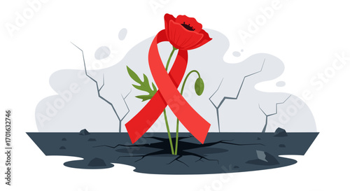 Red Ribbon Flower Growing From Cracked Earth Symbolizing Hope.