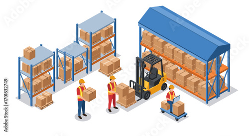 Isometric warehouse scene with workers and forklift in logistics center